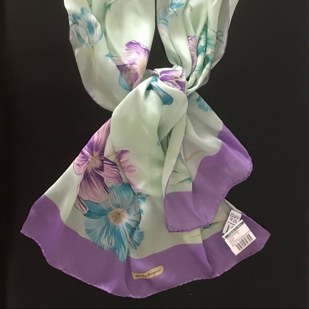 Salvatore Ferragamo Floral Silk Chiffon Scarf Tulip Print, Mint & Lilac